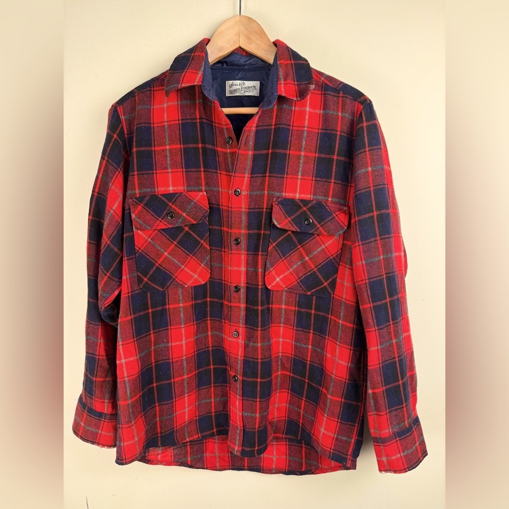 VTG Sears Roebuck & Co Wool Blend Long Sleeve Red / Navy Blue Plaid Men's M FLAW